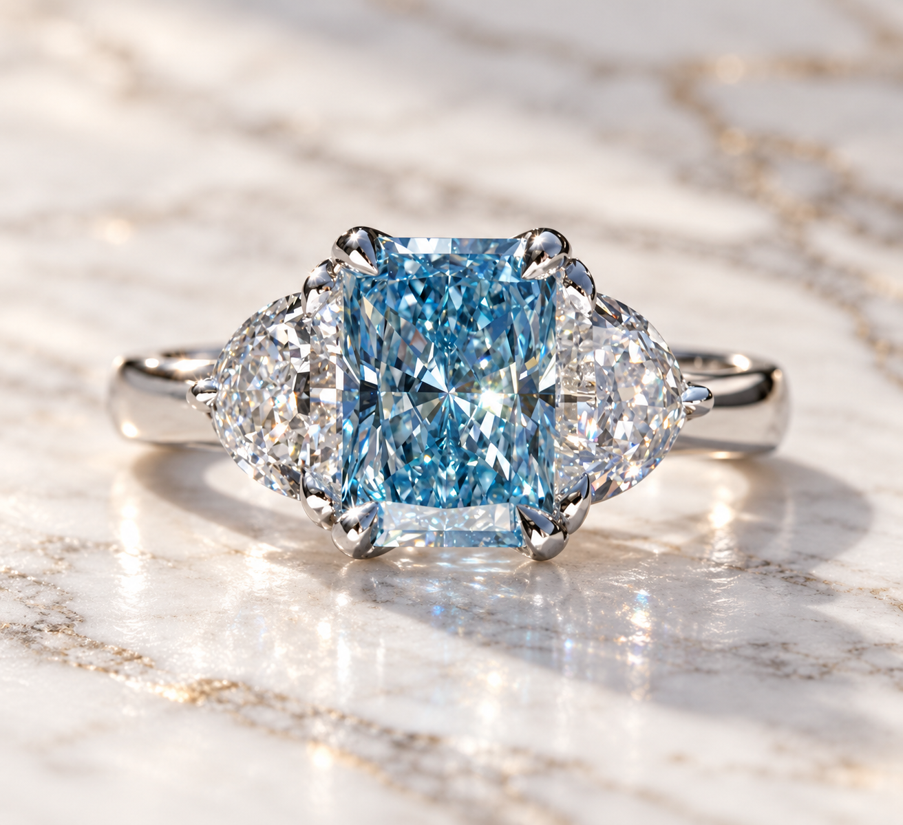Blue Radiant Lab Grown Diamond Three Stone Ring, Half Moon Sides, IGI Certified