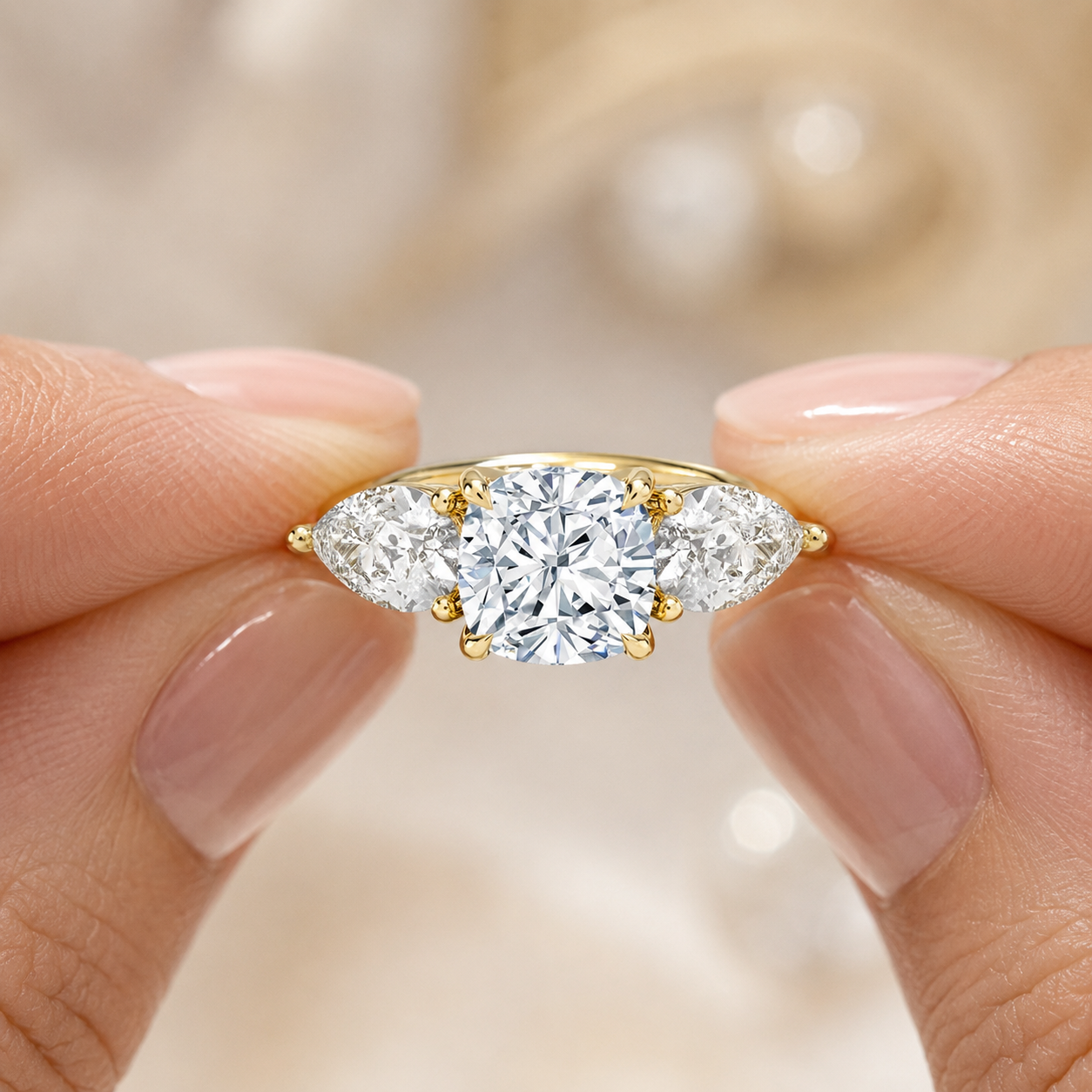 Cushion Lab Grown Diamond Engagement Ring Three Stone 14K Yellow Gold Pear Side Stones 1.3 Carat