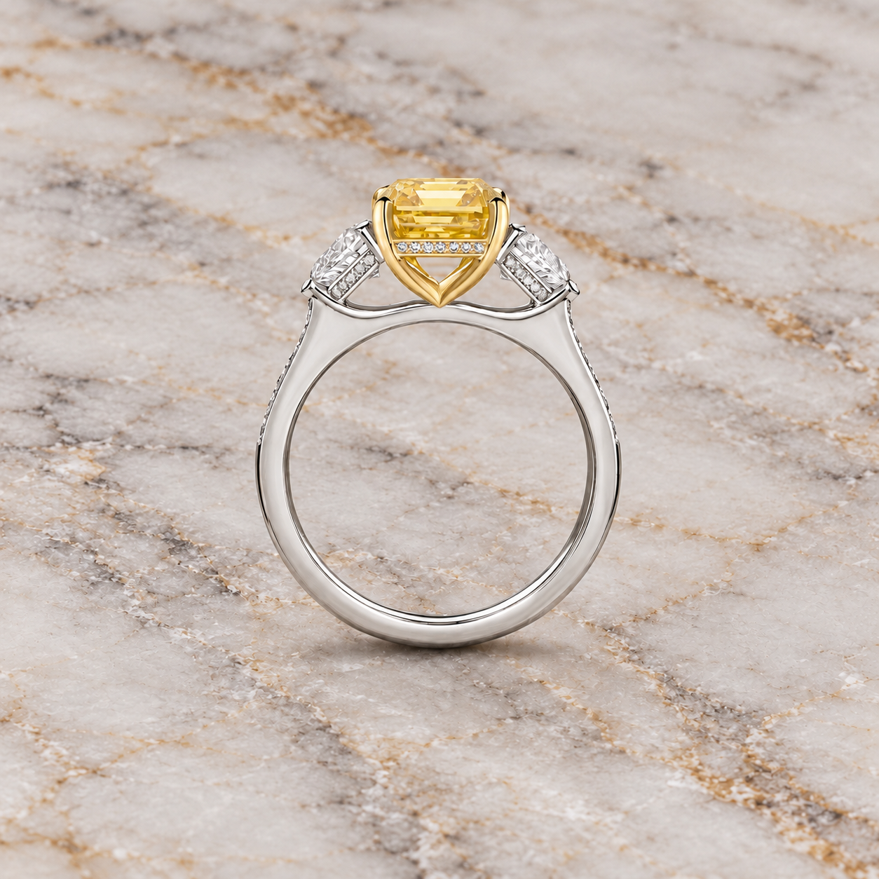 Yellow Lab Grown Diamond Engagement Ring Emerald Cut Three Stone Platinum IGI Certified Fancy Yellow