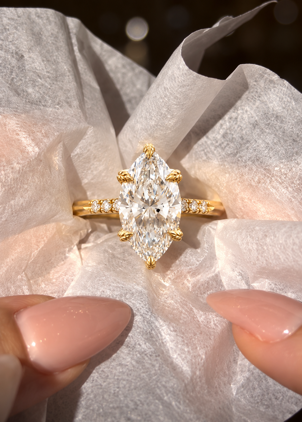Marquise Lab Grown Diamond Engagement Ring Solitaire Pave Band 14K Yellow Gold IGI Certified