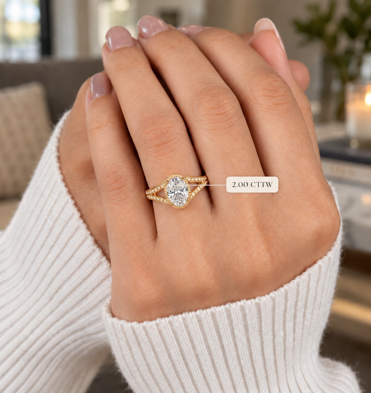 Oval Lab Grown Diamond Engagement Ring Vintage Split Shank 14K White Gold IGI Certified 2 Carat
