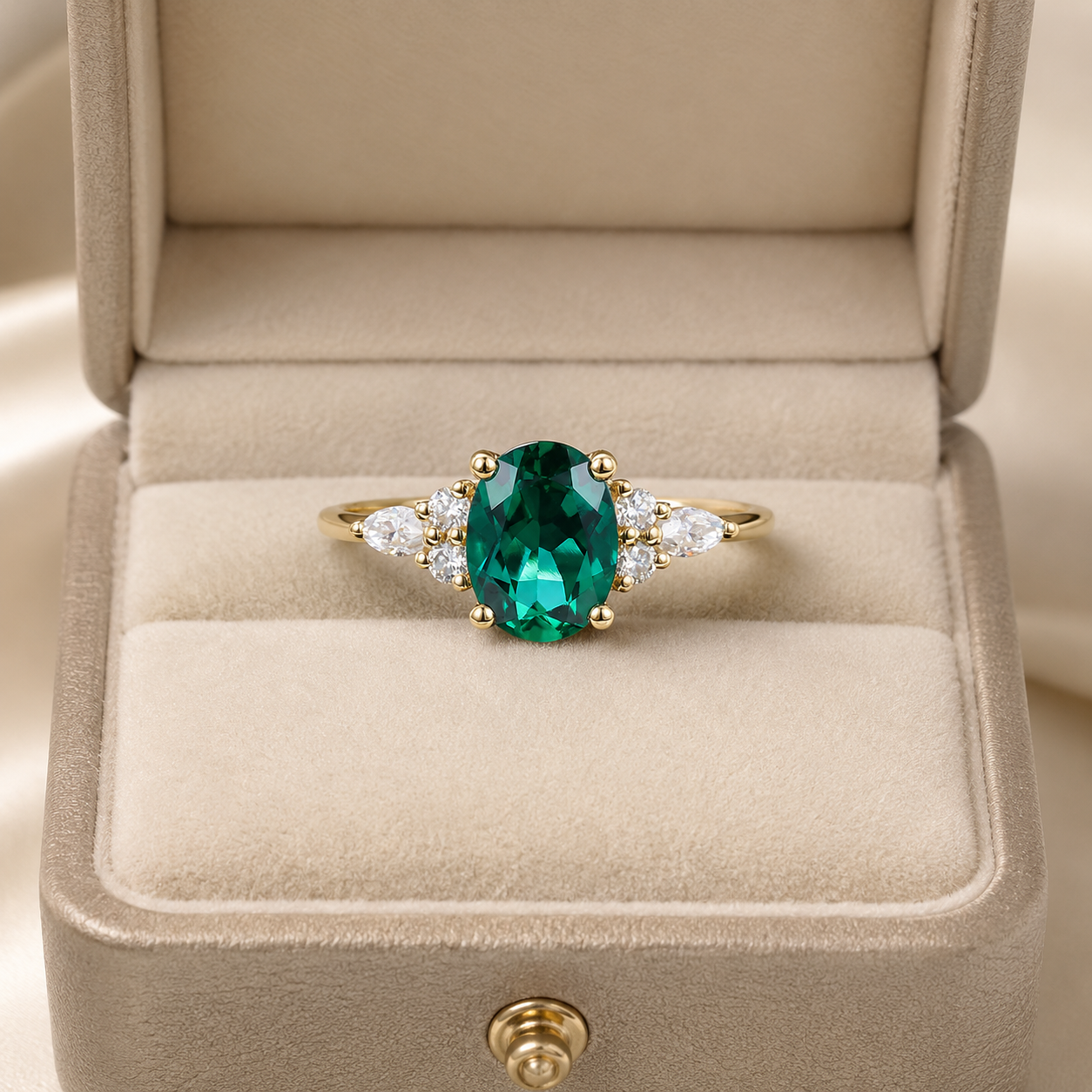 Oval Emerald & Lab Grown Diamond Engagement Ring Vintage Cluster 14K Gold Classic Setting