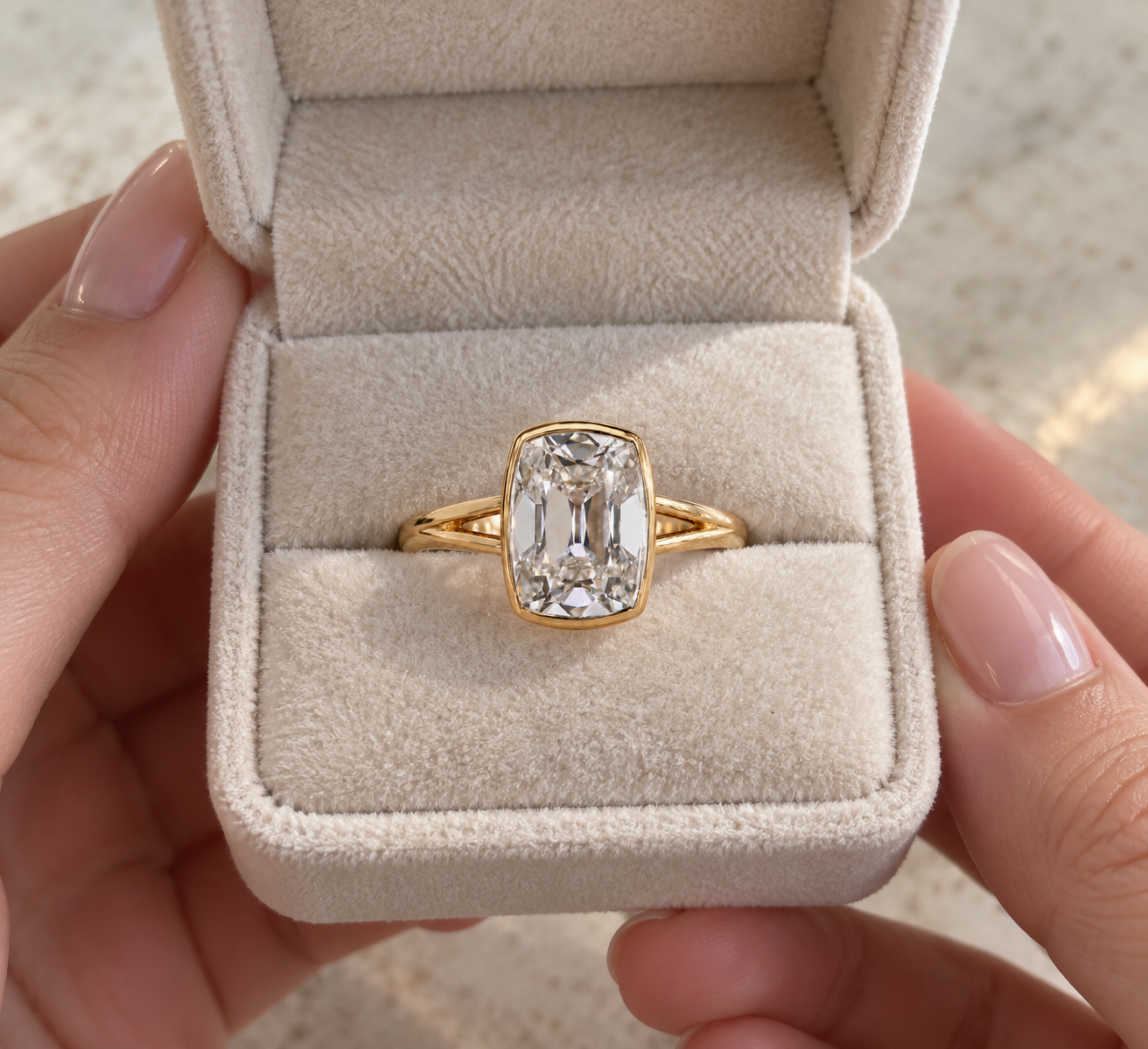 Cushion Old Mine Lab Grown Diamond Engagement Ring Bezel Split Shank 14K Gold IGI Certified E VVS2