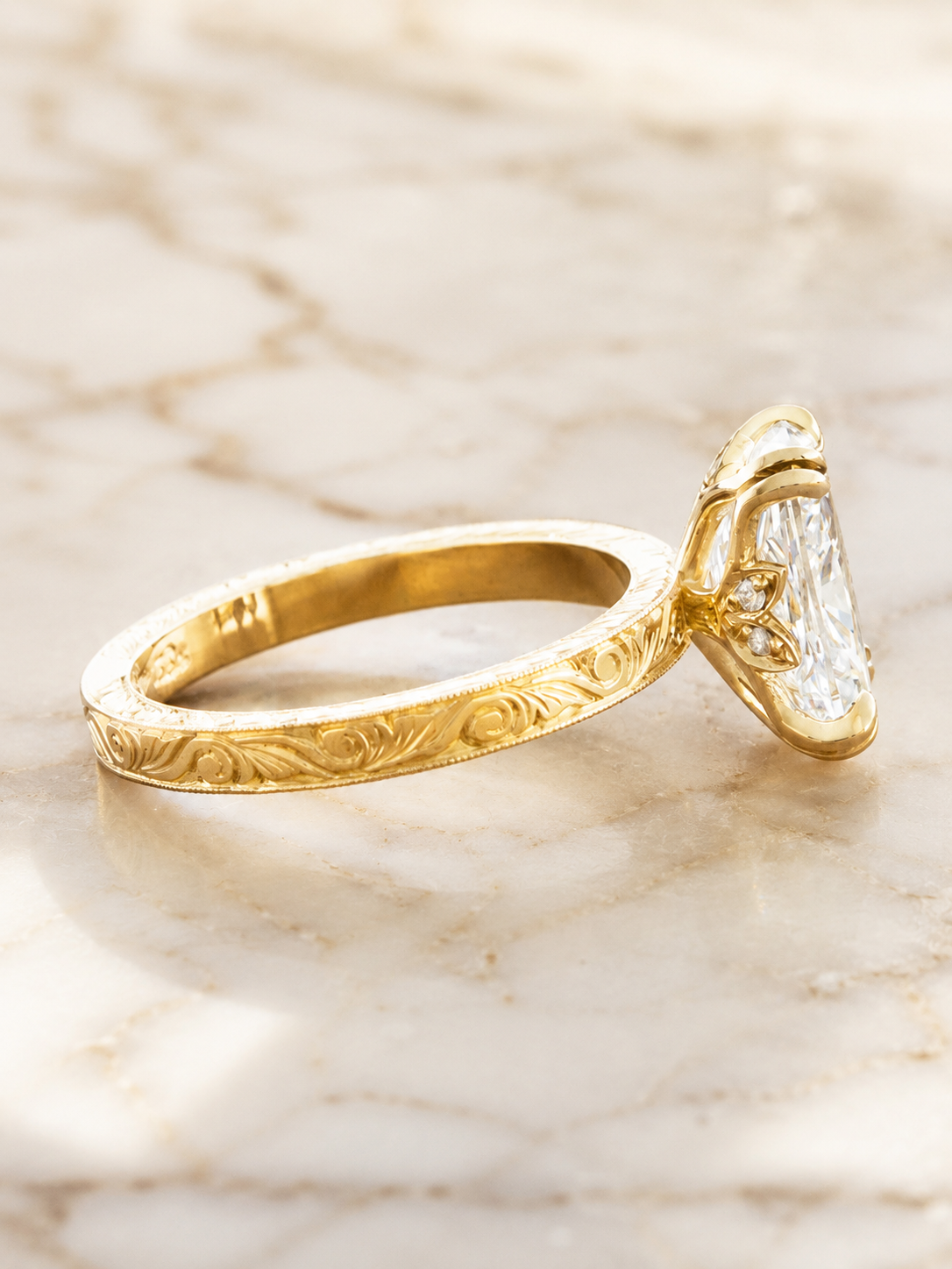 Cushion Lab Grown Diamond Engagement Ring Vintage Solitaire 14K Yellow Gold – Hand-Engraved Floral Band