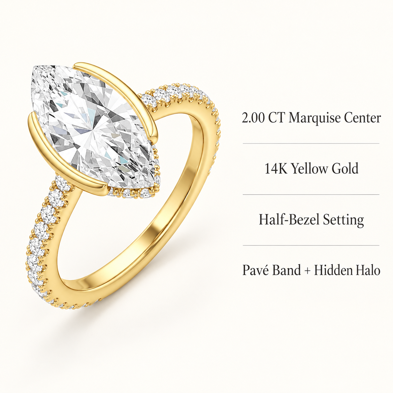Marquise Lab Grown Diamond Engagement Ring: Half Bezel, Pavé Band, 14K White Gold