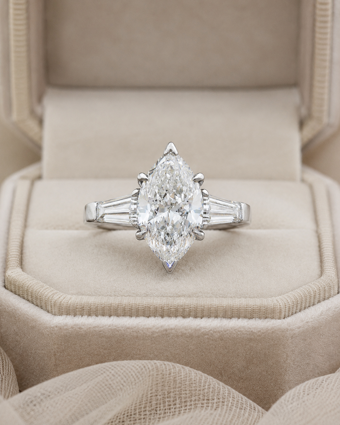 Marquise Lab Grown Diamond Engagement Ring Three Stone 14K White Gold Tapered Baguette, E VVS2