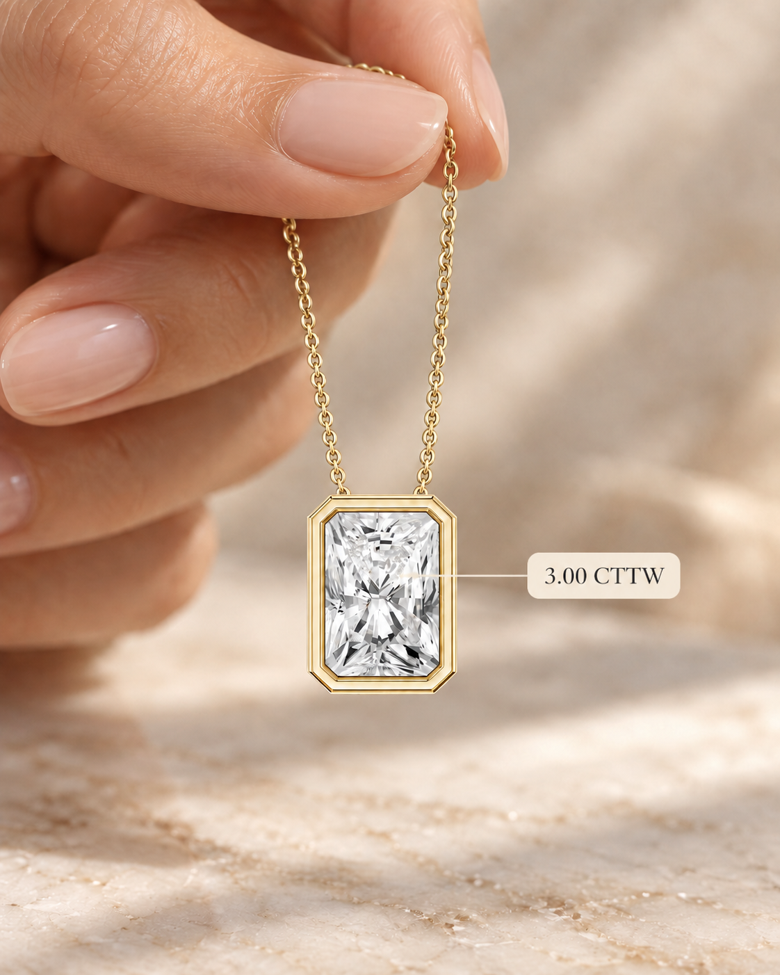 Radiant Cut Lab Grown Diamond Pendant Necklace, 14K Gold Bezel Solitaire (IGI Certified)