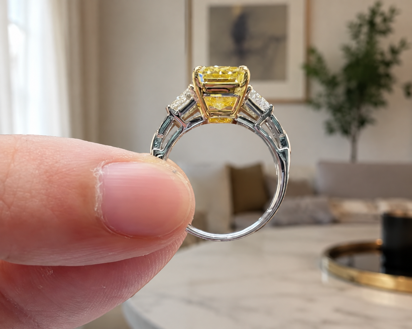 Fancy Yellow Radiant Lab Grown Diamond Engagement Ring Three Stone 14K White Gold Trapezoid Side Stones