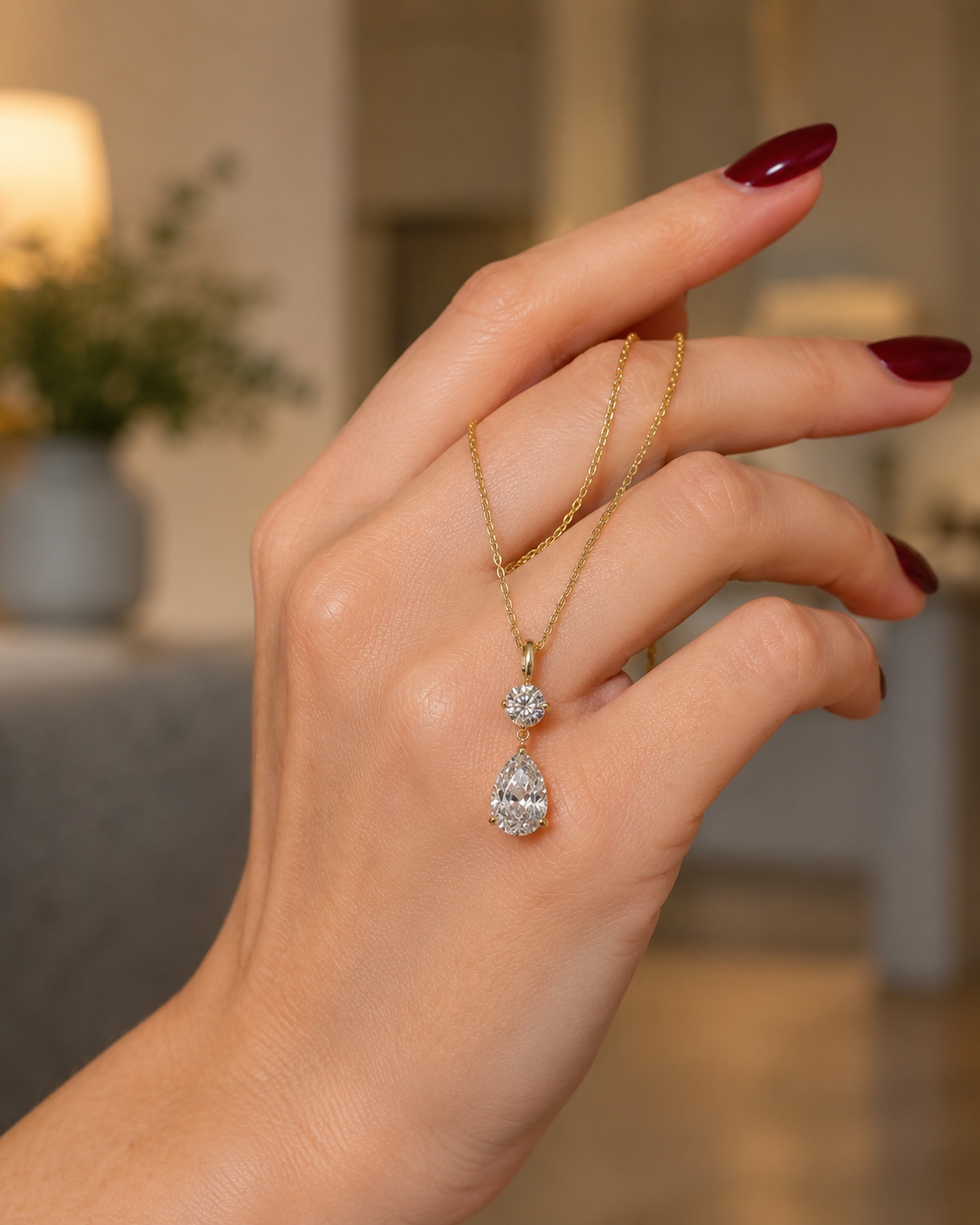 Pear Lab Grown Diamond Drop Pendant Necklace Two Stone Prong 14K Yellow Gold IGI Certified 2.70 CTW