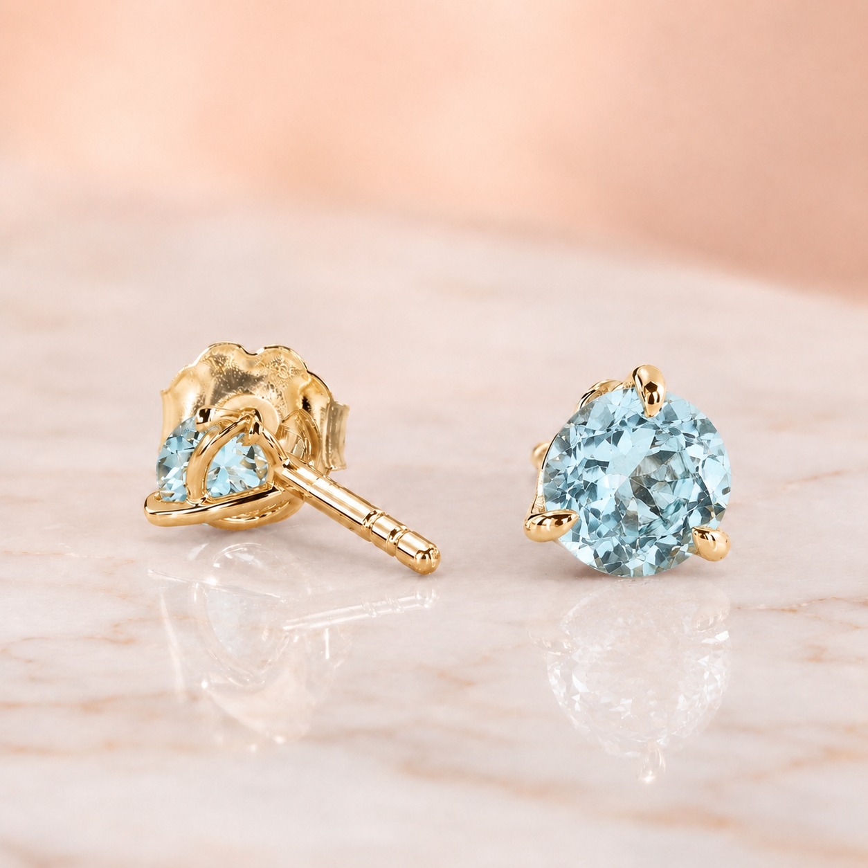1.33 Cttw Round Aquamarine Stud Earrings in 14K Yellow Gold