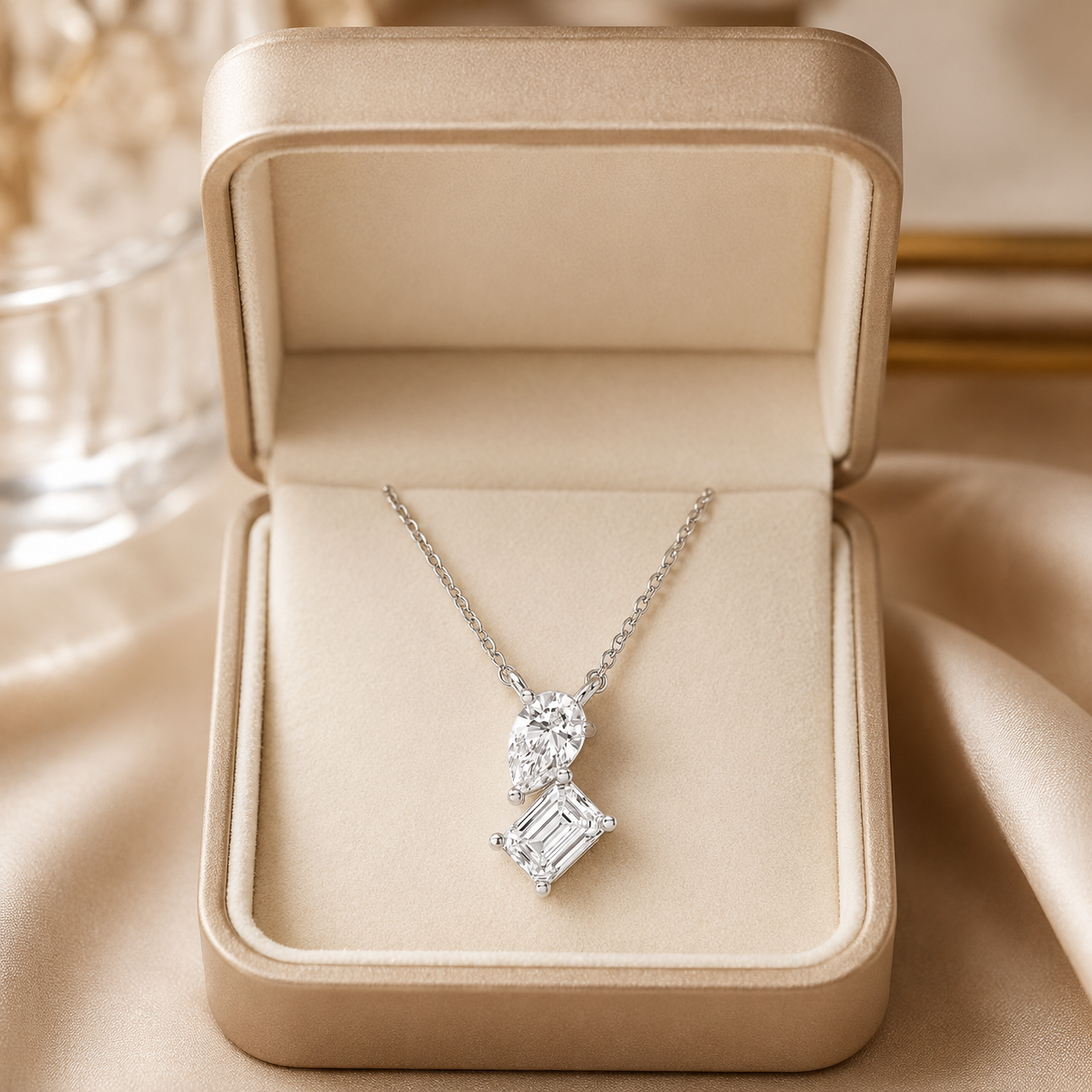 Emerald & Pear Lab Grown Diamond Pendant Necklace Two Stone 14K White Gold E VVS2 1ct
