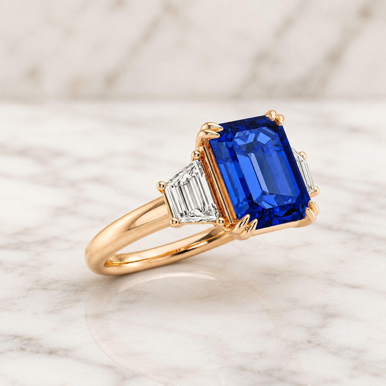 Emerald Cut Sapphire Lab Grown Diamond Engagement Ring Three Stone Trapezoid 14K Rose Gold 1ct E VVS2