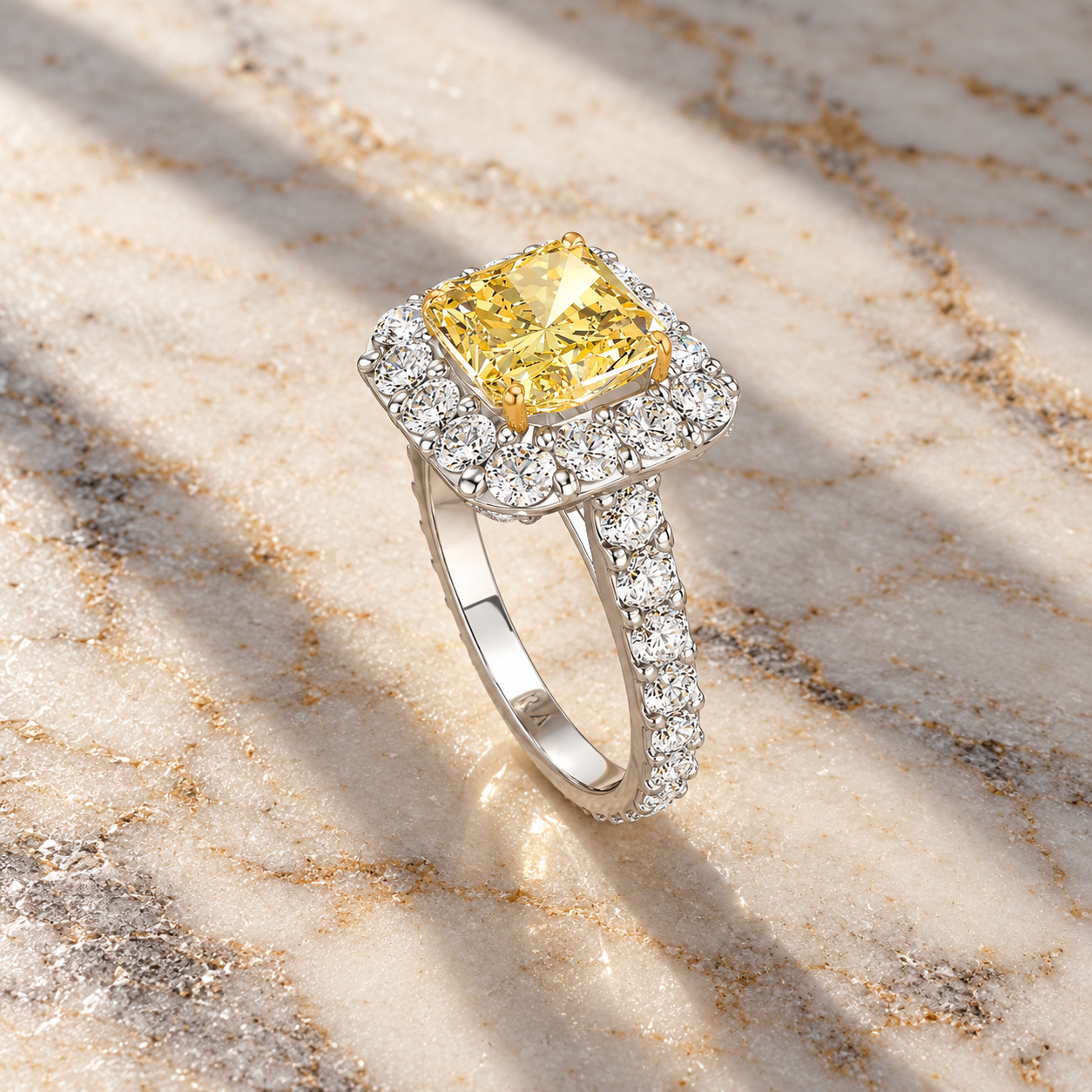 Yellow Radiant Lab Grown Diamond Engagement Ring Pavé Halo 14K White Gold IGI Certified