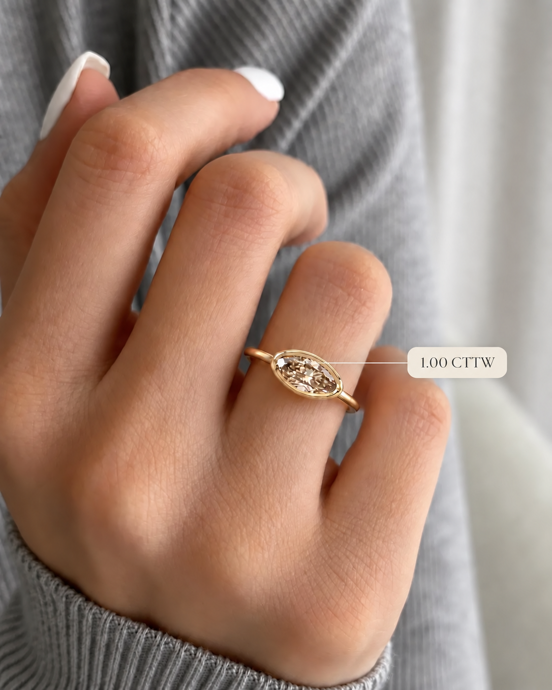 Champagne Moval Diamond Engagement Ring Bezel Set 14K Yellow Gold East West Moval