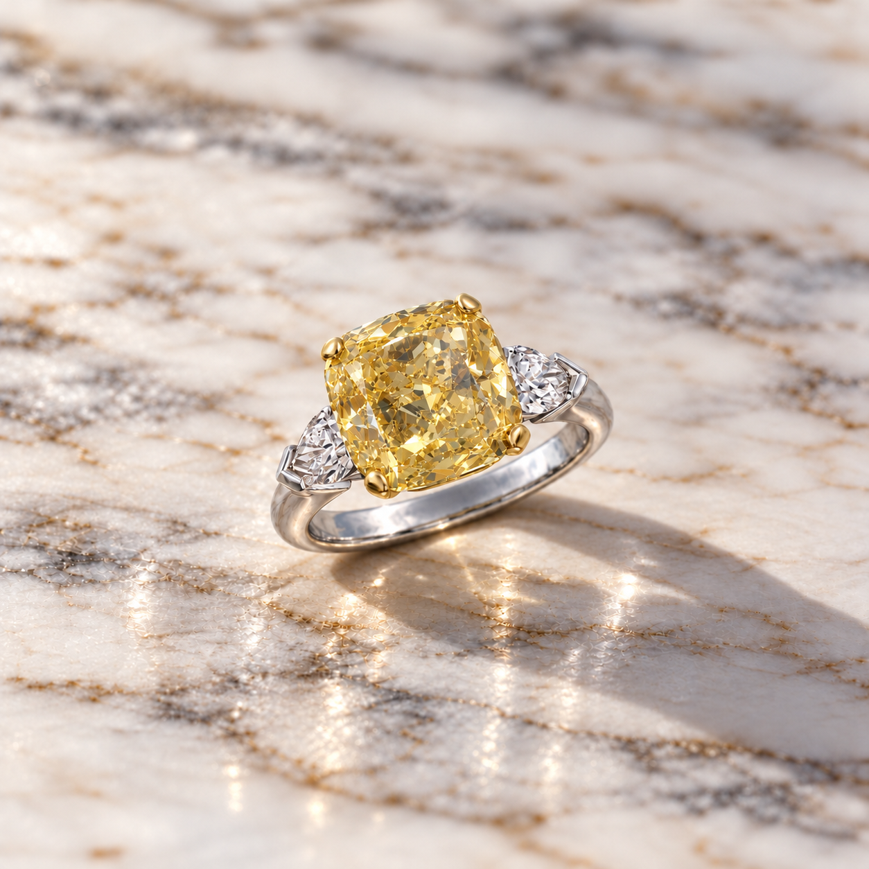 Fancy Yellow Cushion Lab Grown Diamond Engagement Ring – Three Stone White & Yellow Gold – Pear Side Stones