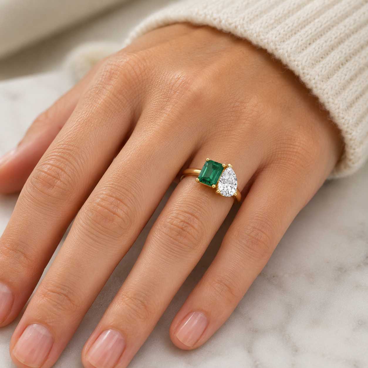 Emerald Cut Emerald & Pear Lab Grown Diamond Two Stone Ring Prong 14K Yellow Gold – 2.5ct VVS2