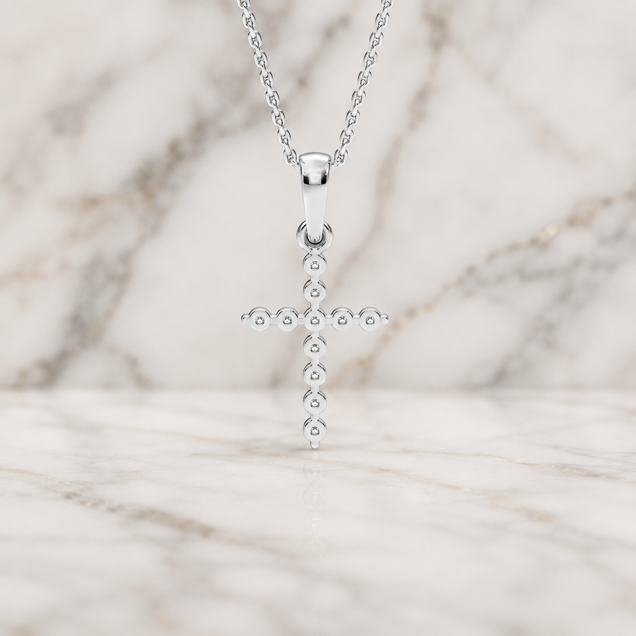 Round Lab Grown Diamond Cross Pendant Necklace Shared Prong 14K White Gold Adjustable Chain for Her