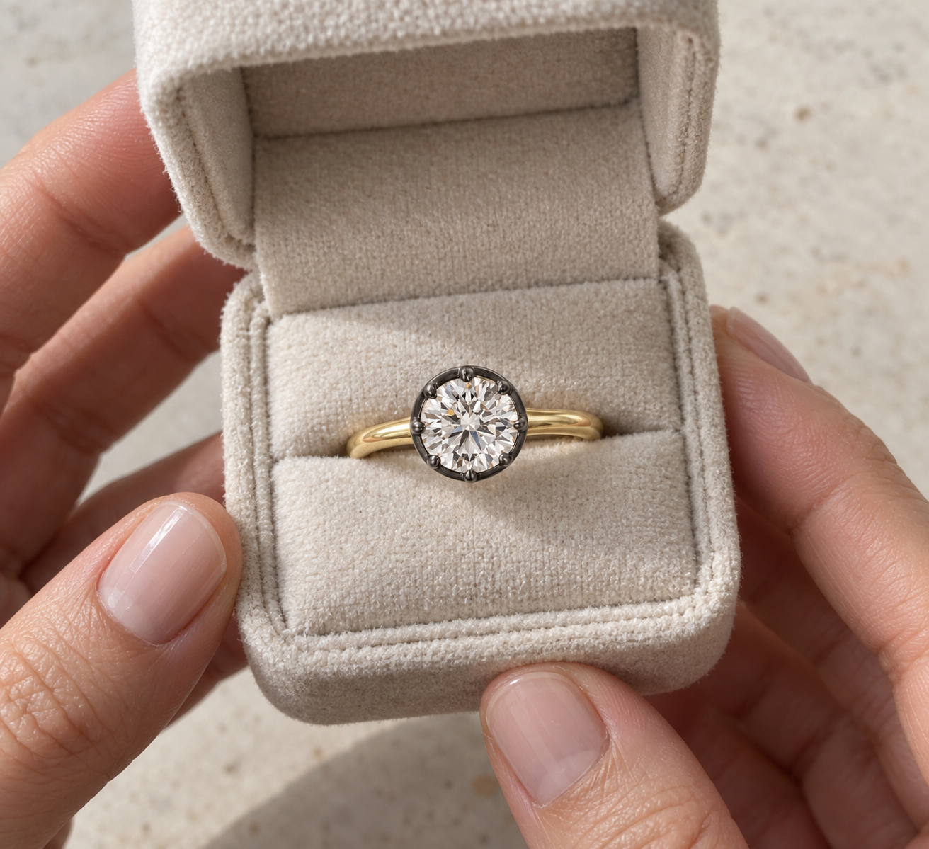 Lab-Grown Diamond Engagement Ring: Black Gold Bezel-Prong Setting, 14K Yellow Gold Band