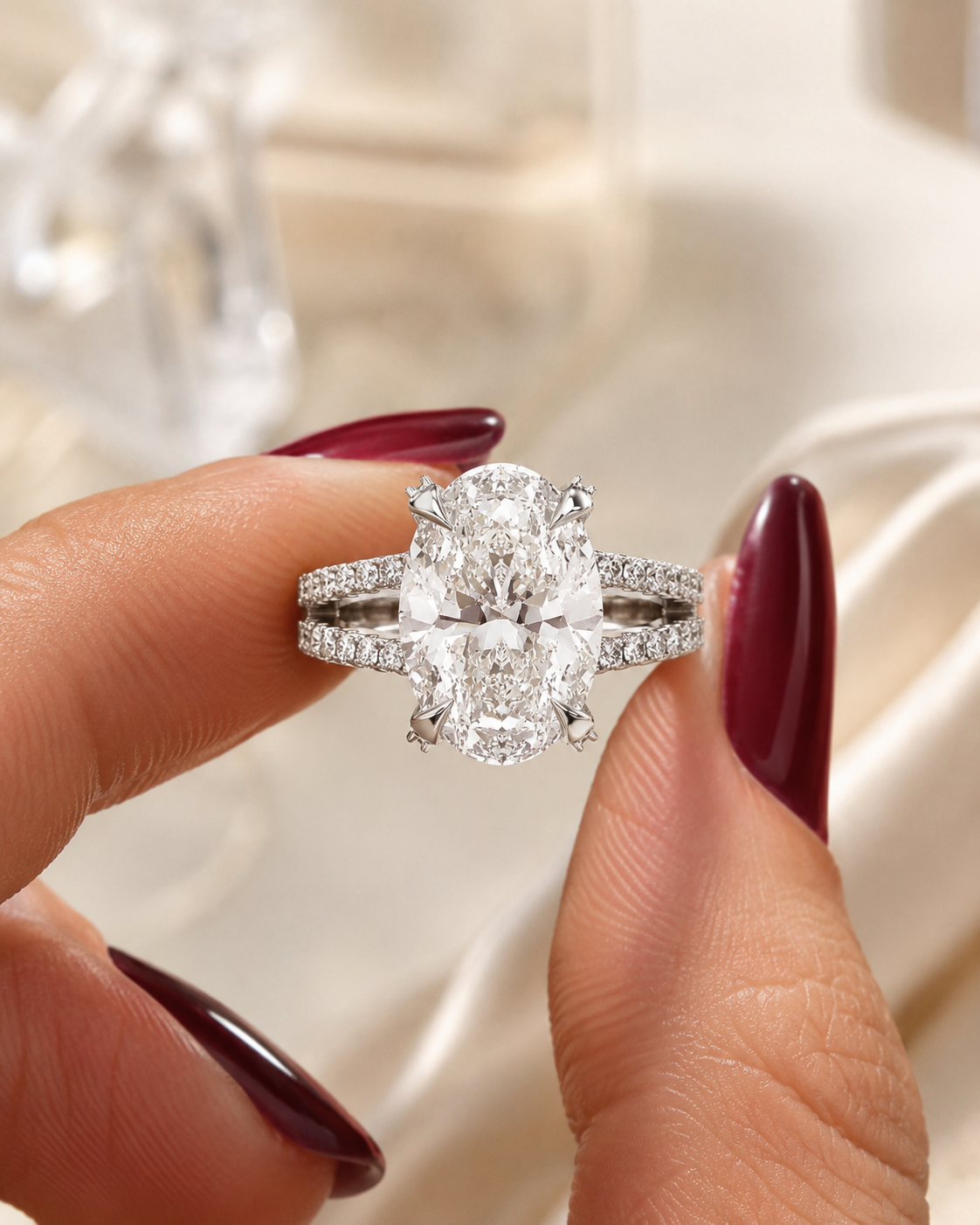 Oval Lab Grown Diamond Engagement Ring Split Shank Pavé 14K White Gold IGI Certified 4 Carat E VVS2
