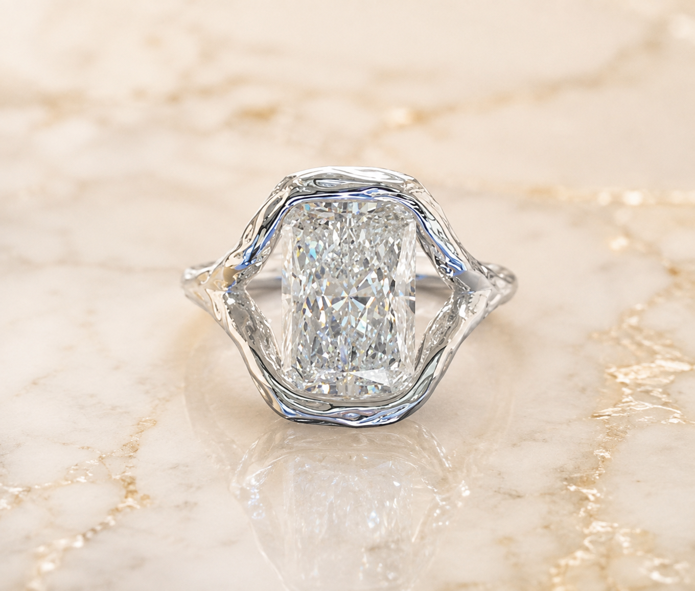 Radiant Cut Lab Grown Diamond Engagement Ring Organic Freeform Bezel 14K White Gold Split Shoulder Solitaire