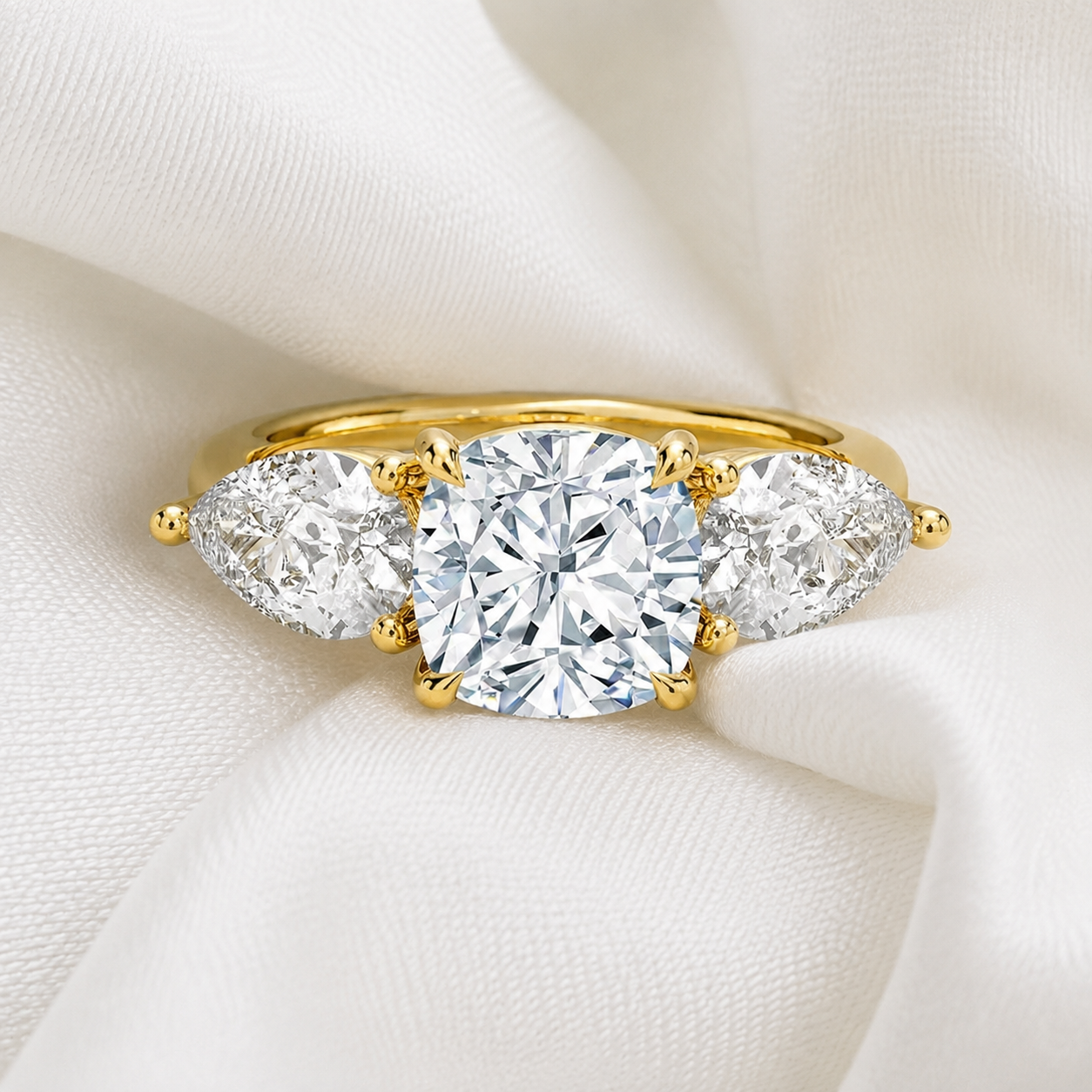 Cushion Lab Grown Diamond Engagement Ring Three Stone 14K Yellow Gold Pear Side Stones 1.3 Carat