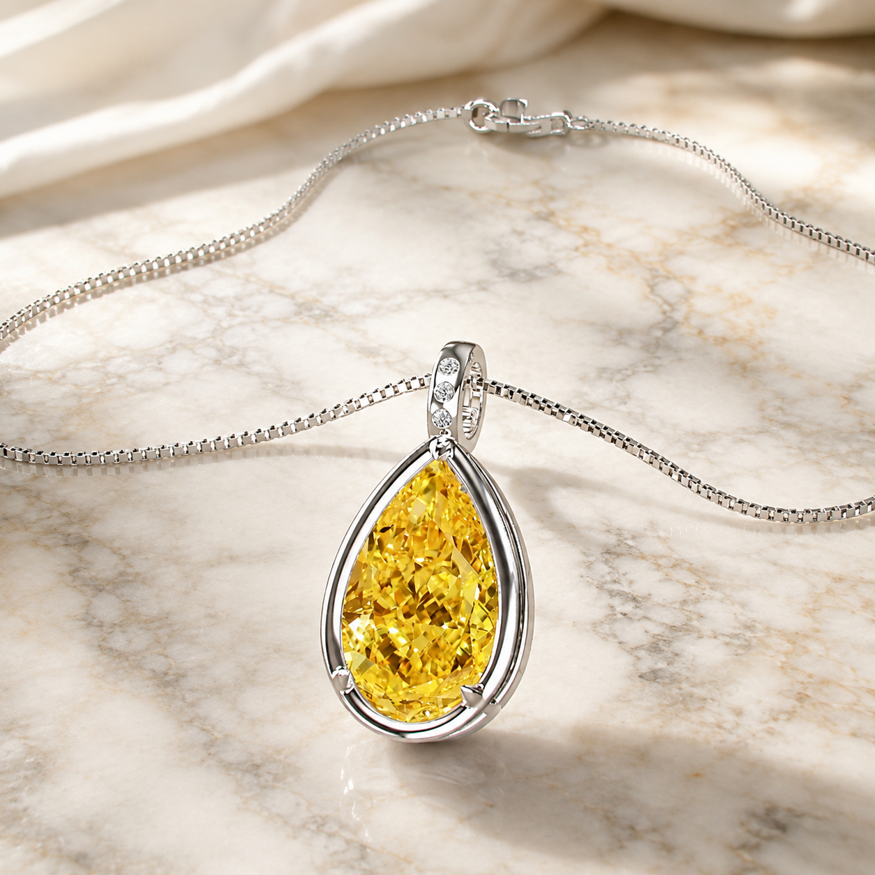 Yellow Pear Lab Diamond Pendant Necklace, 14K White Gold Bezel Solitaire (IGI Certified)
