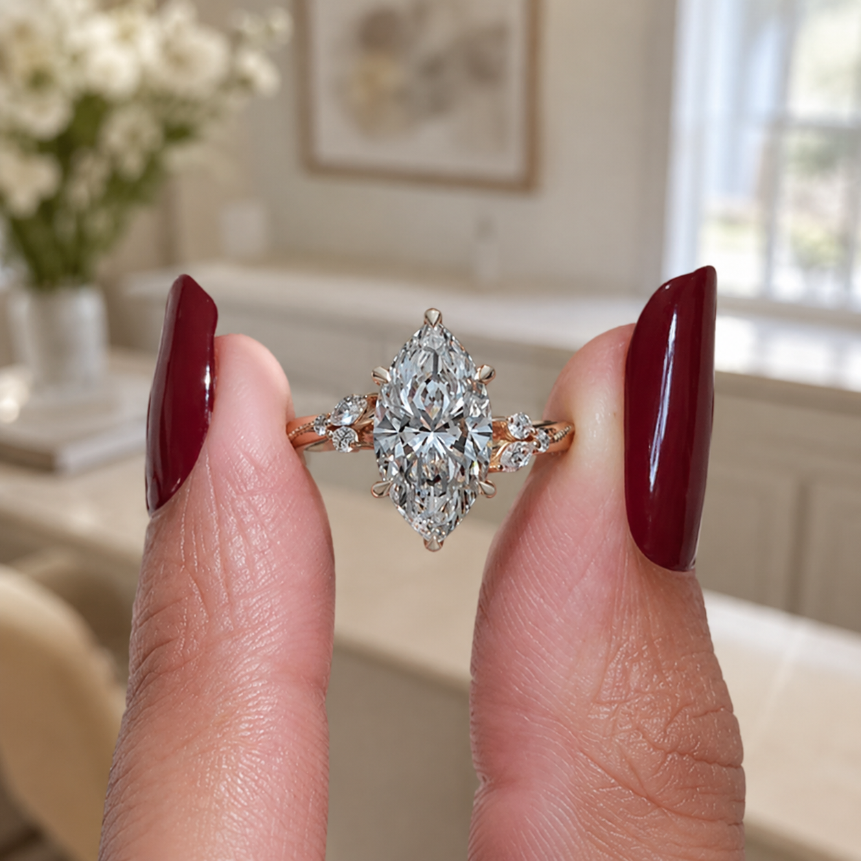 Marquise Lab Grown Diamond Engagement Ring Bypass Shank 14K Gold IGI 2.85 Carat E VVS2