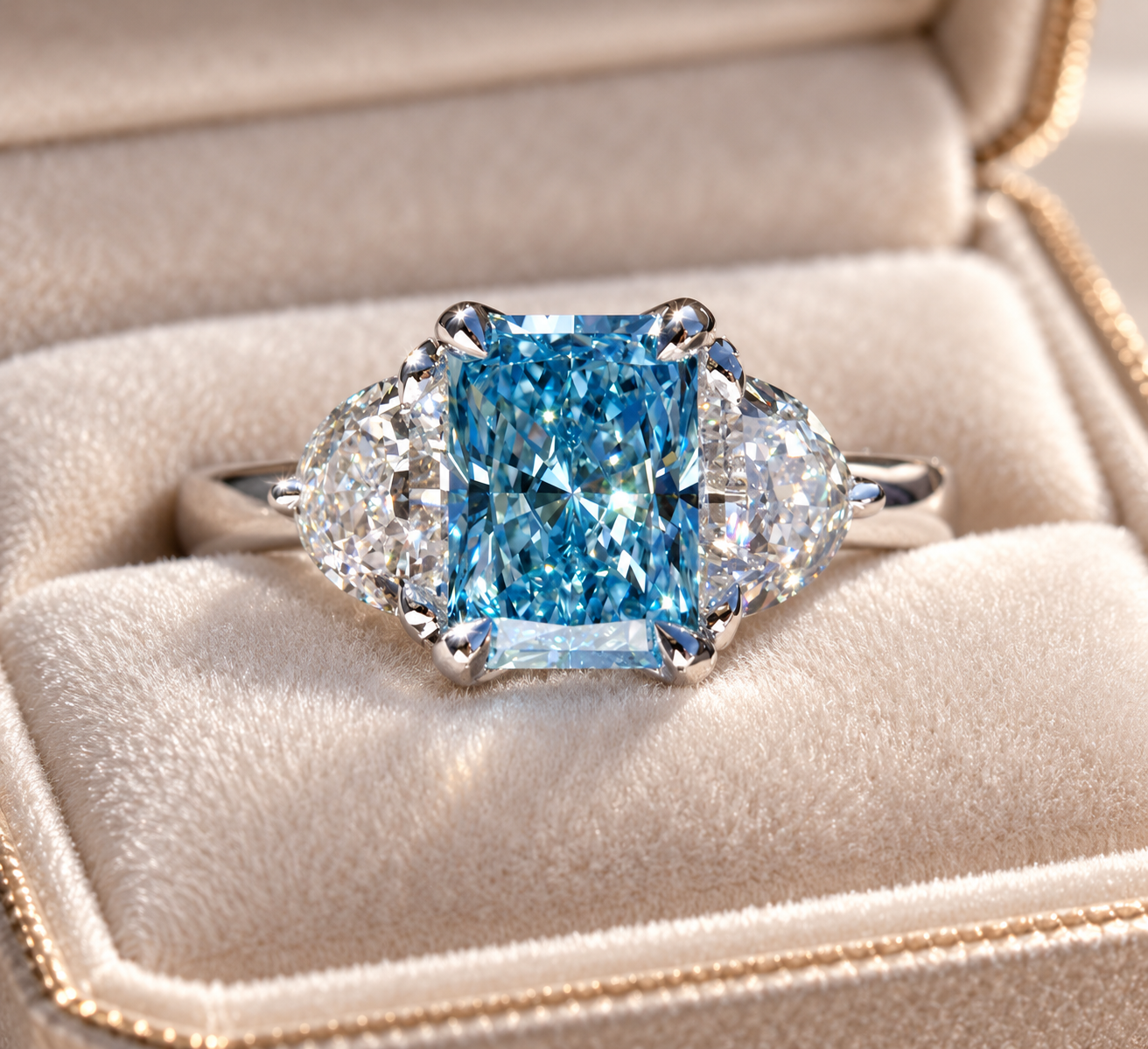 Blue Radiant Lab Grown Diamond Three Stone Ring, Half Moon Sides, IGI Certified