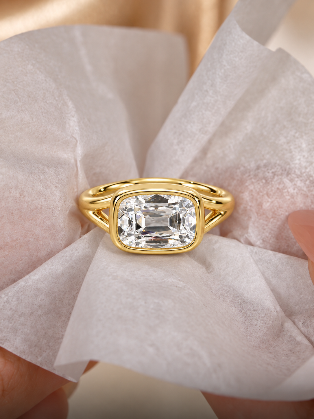 Old Mine Cut Lab Grown Diamond Ring, East-West Bezel, 14K Yellow Gold Split Shank