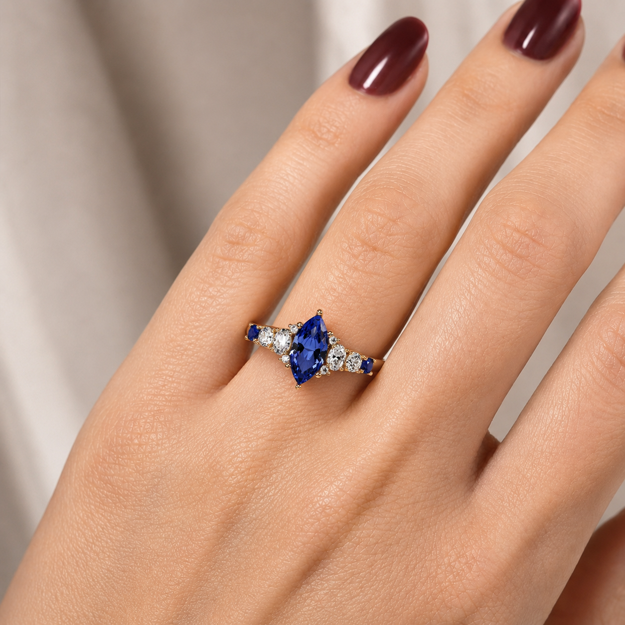 Marquise Lab Grown Blue Sapphire Engagement Ring Diamond Accent Band 14K Yellow Gold IGI Certified