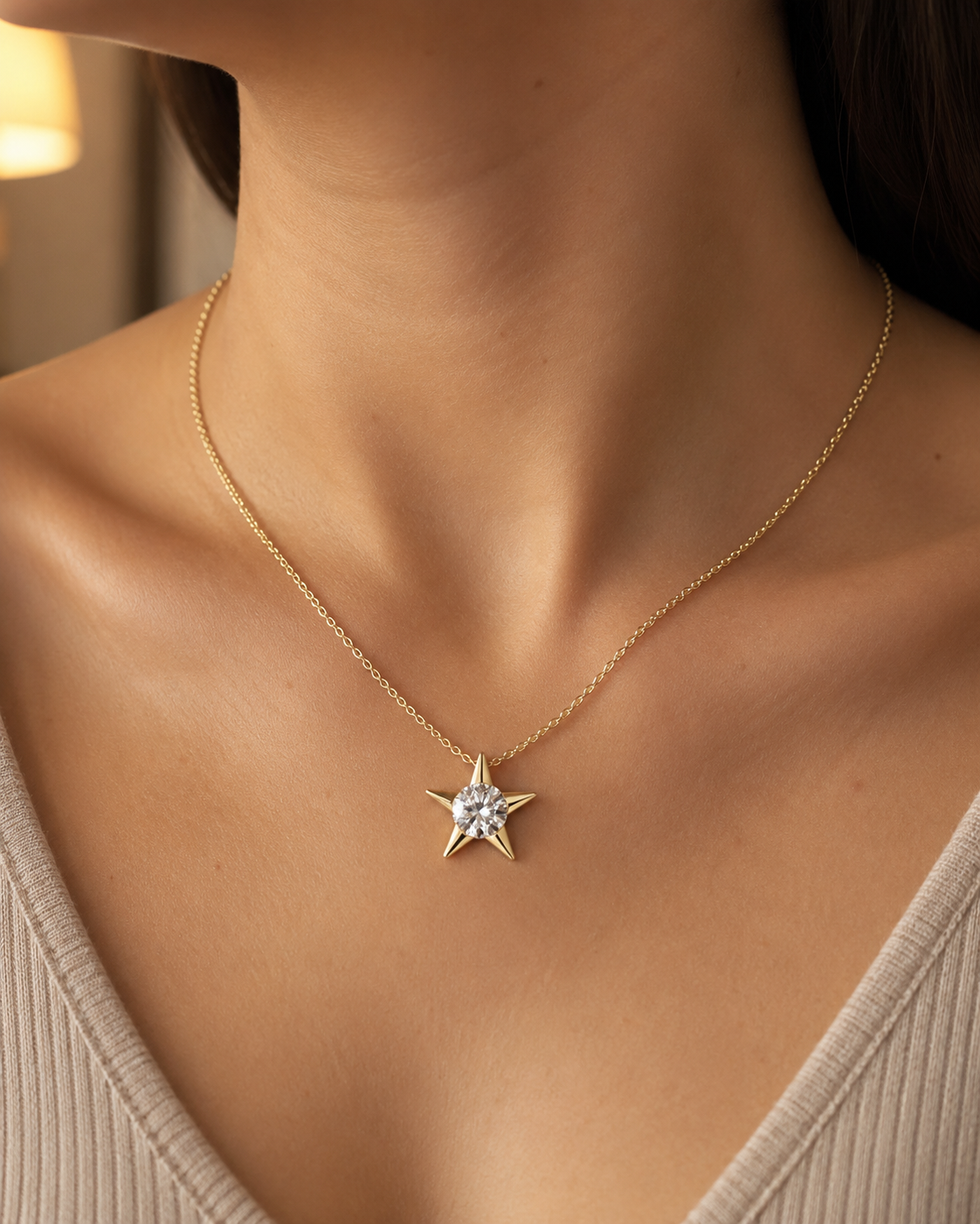 Round Lab Grown Diamond Star Pendant Necklace Bezel 14K Yellow Gold IGI Certified 2ct