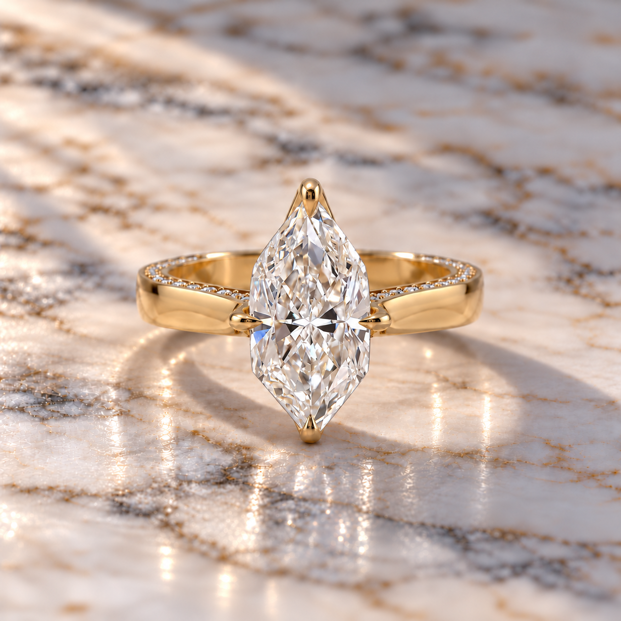 Dutch Marquise Lab Grown Diamond Engagement Ring Solitaire 14K Yellow Gold IGI Certified Pave Hidden Detail