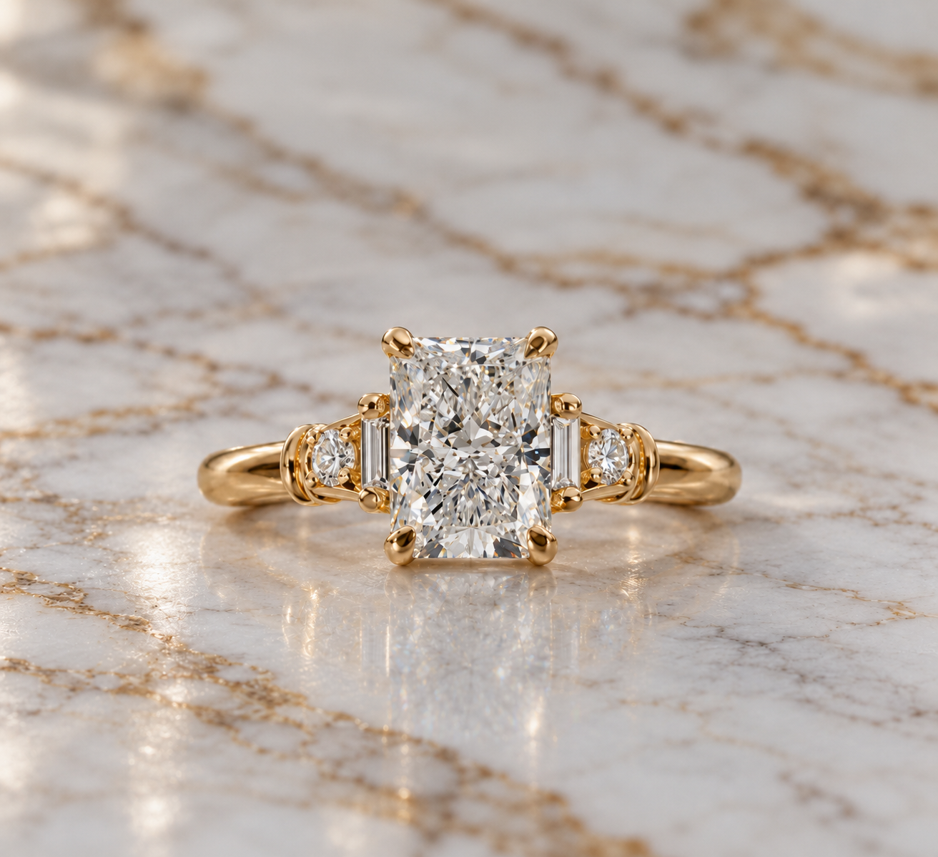 Radiant Lab Grown Diamond Engagement Ring Five Stone Art Deco 18K Yellow Gold IGI Certified