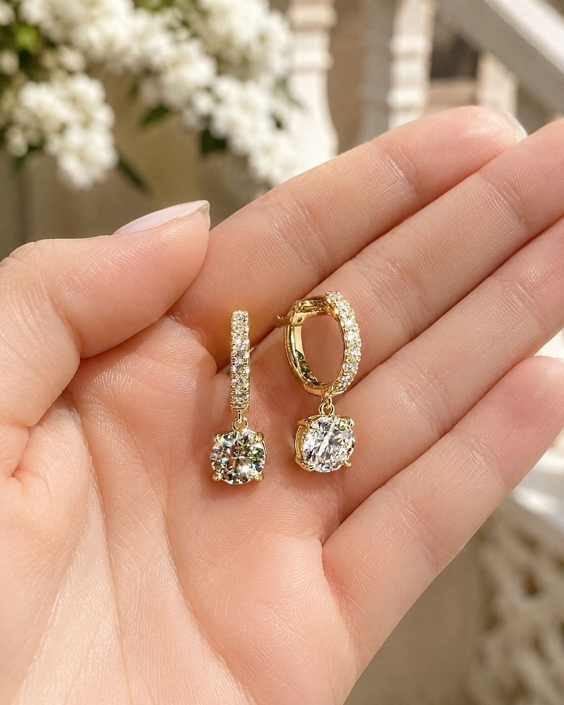 Round Lab Grown Diamond Drop Hoop Earrings Pavé Dangle 14K Yellow Gold 2ct E Color VVS2