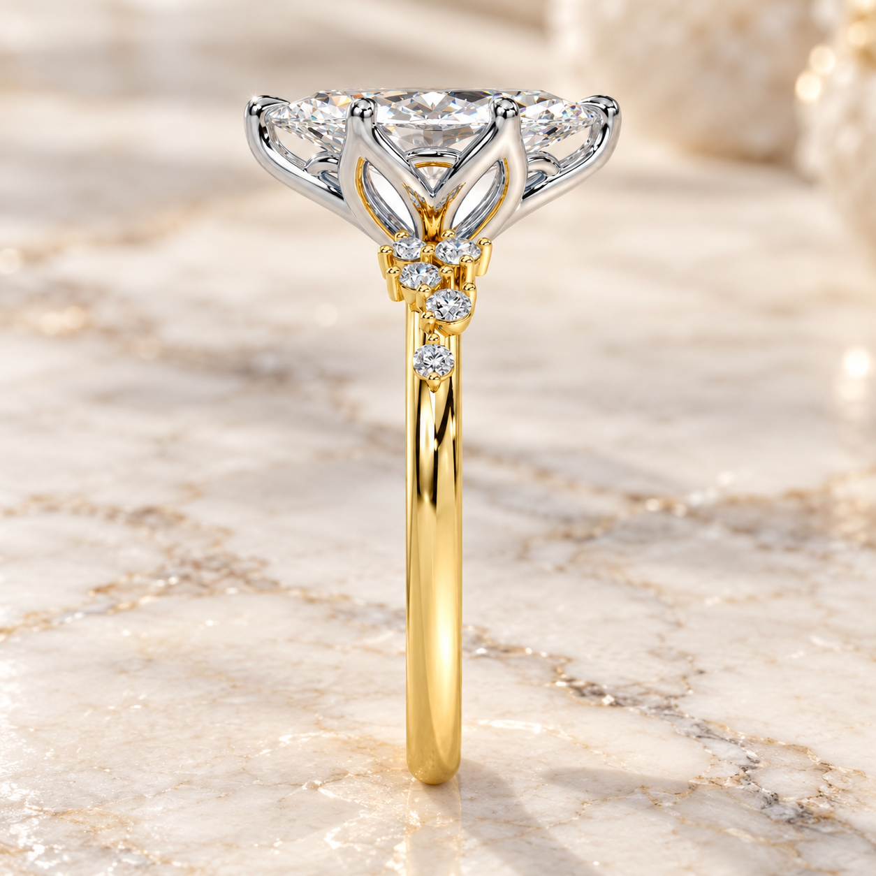 Marquise Lab Grown Diamond Engagement Ring Cluster Two Tone 14K Yellow Gold IGI Certified