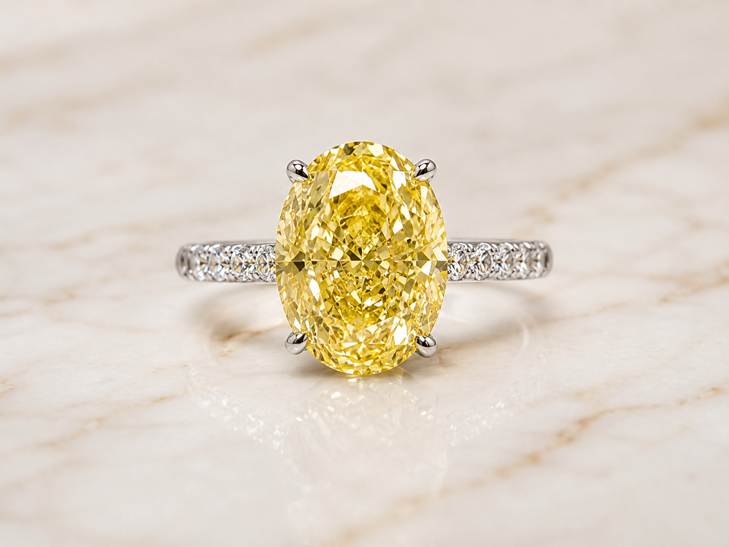 Fancy Yellow Oval Lab Grown Diamond Engagement Ring Four-Prong Solitaire 14K White Gold Pavé Band