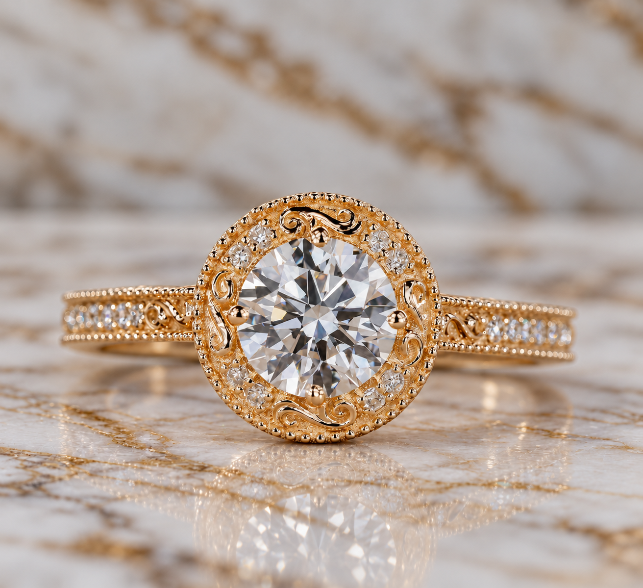 Round Lab Grown Diamond Engagement Ring Vintage Halo 14K Yellow Gold IGI Certified E VVS2