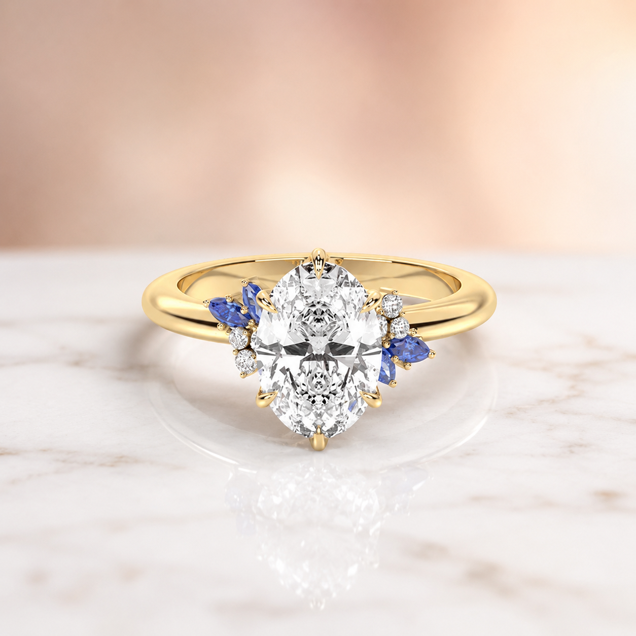 Oval Lab Grown Diamond Engagement Ring  Floral Petal Blue Sapphire 14K Yellow Gold  IGI Certified VVS2