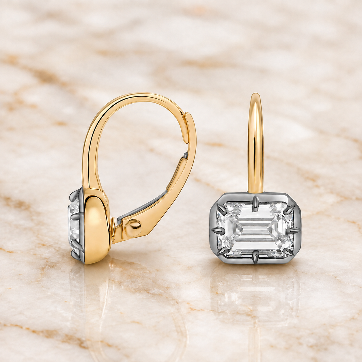 Emerald Cut Lab Grown Diamond Drop Earrings Bezel Set 14K Yellow Gold 2ct Lever Back