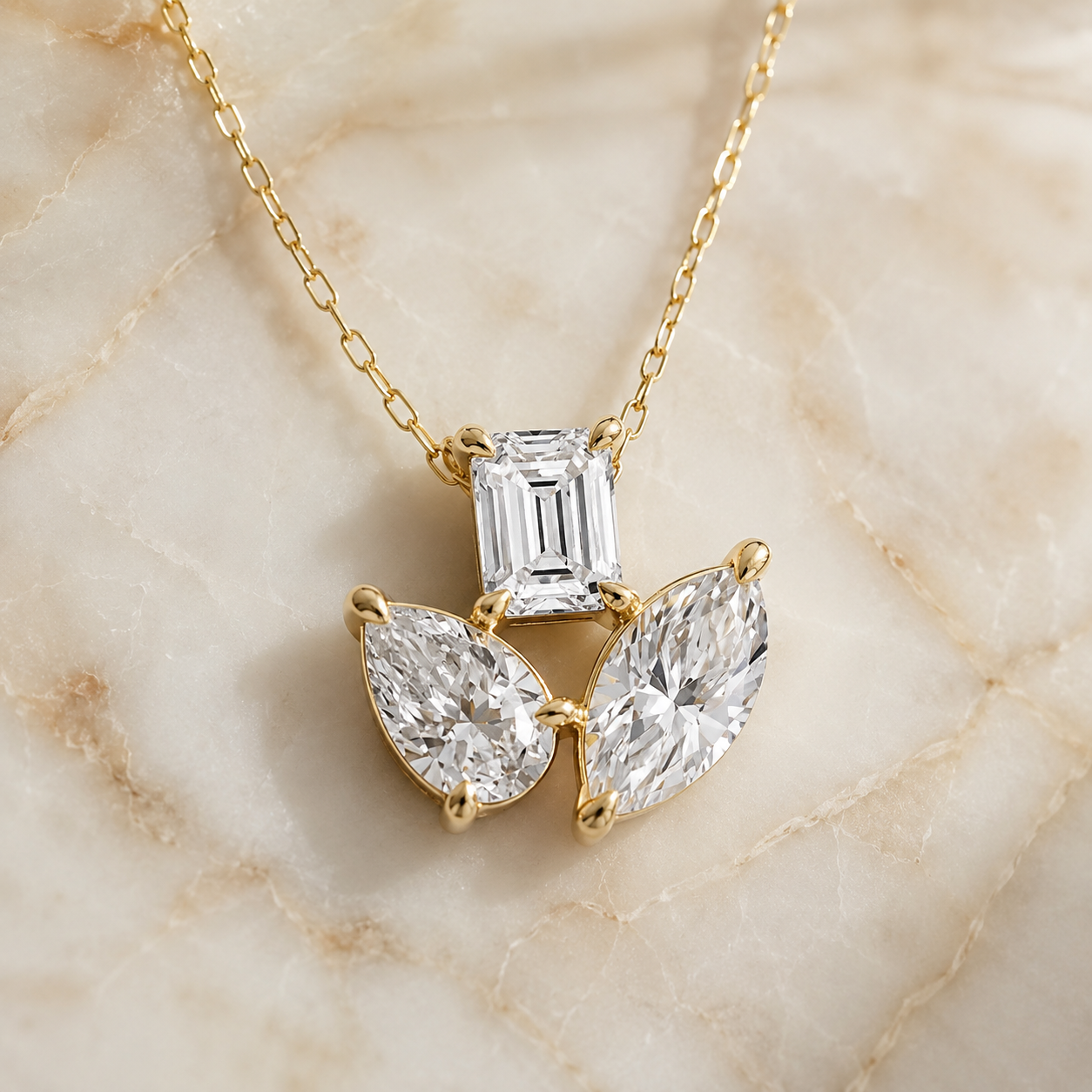 Multi-Shape Lab Grown Diamond Three Stone Pendant Fan Prong 14K Yellow Gold – 2.78ctw E VVS2
