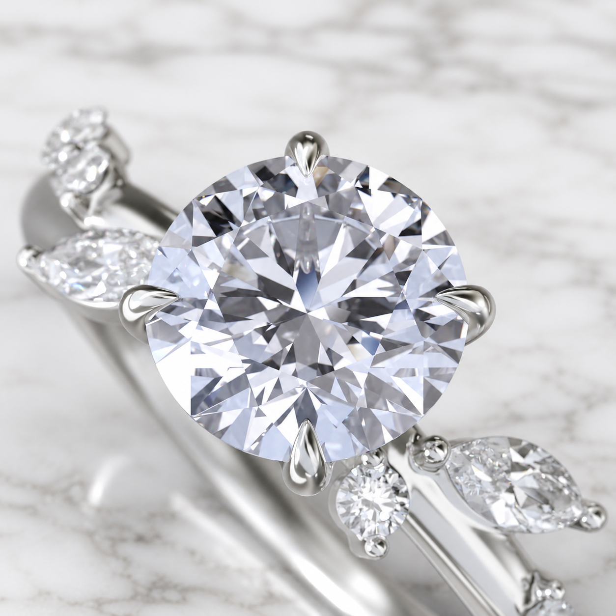 Round Lab Grown Diamond Engagement Ring Marquise Side Stone 14K White Gold IGI Certified 1 Carat