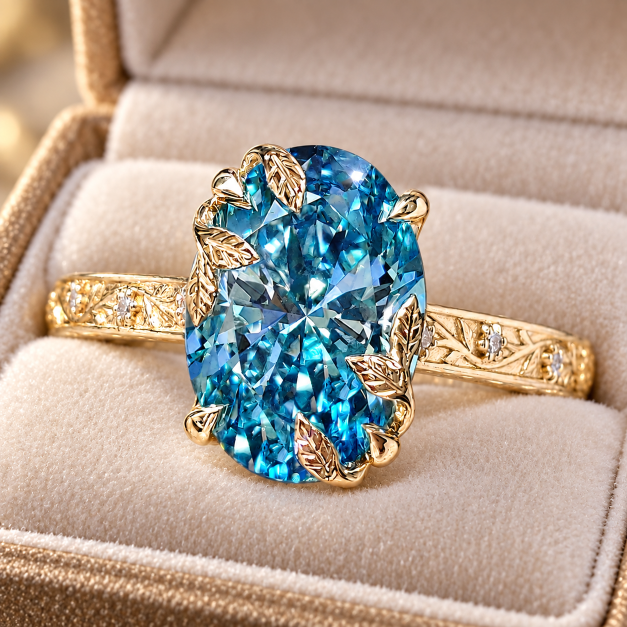 Blue Oval Lab Grown Diamond Engagement Ring Vintage Leaf 14K White Gold IGI Certified 2 Carat