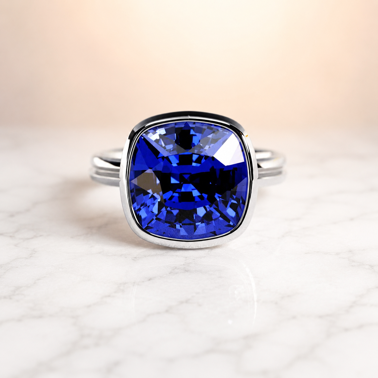 Blue Sapphire Cushion Cut Lab Grown Solitaire Ring Bezel Set 14K White Gold 2 Carat Royal Blue