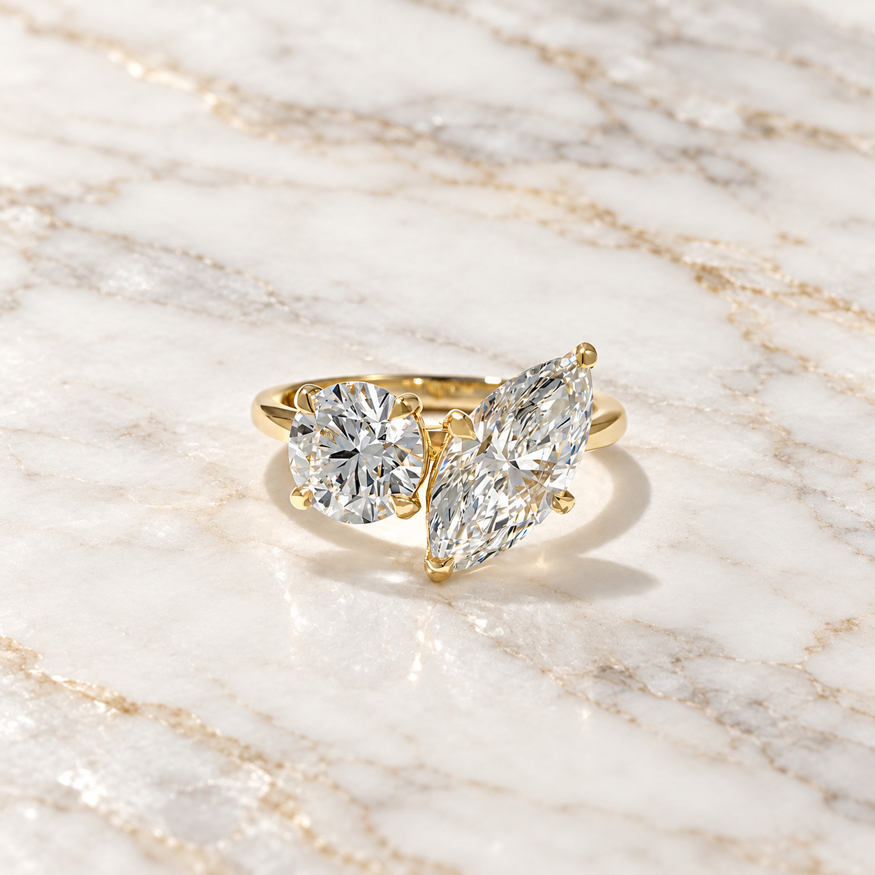 Marquise & Round Lab Grown Diamond Engagement Ring Two Stone Toi et Moi 14K Yellow Gold