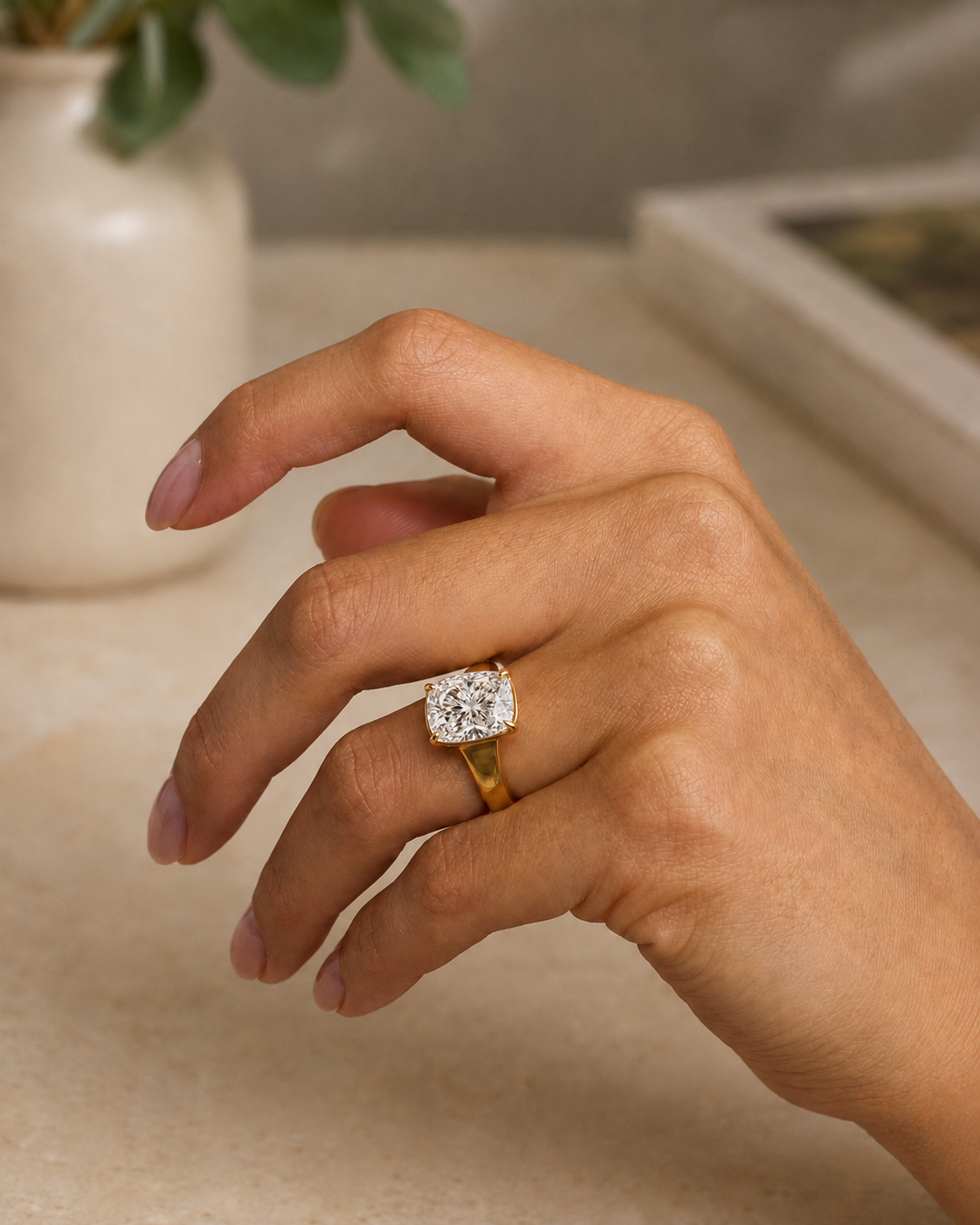 Elongated Cushion Lab Grown Diamond Engagement Ring Four-Claw Solitaire 14K Yellow Gold