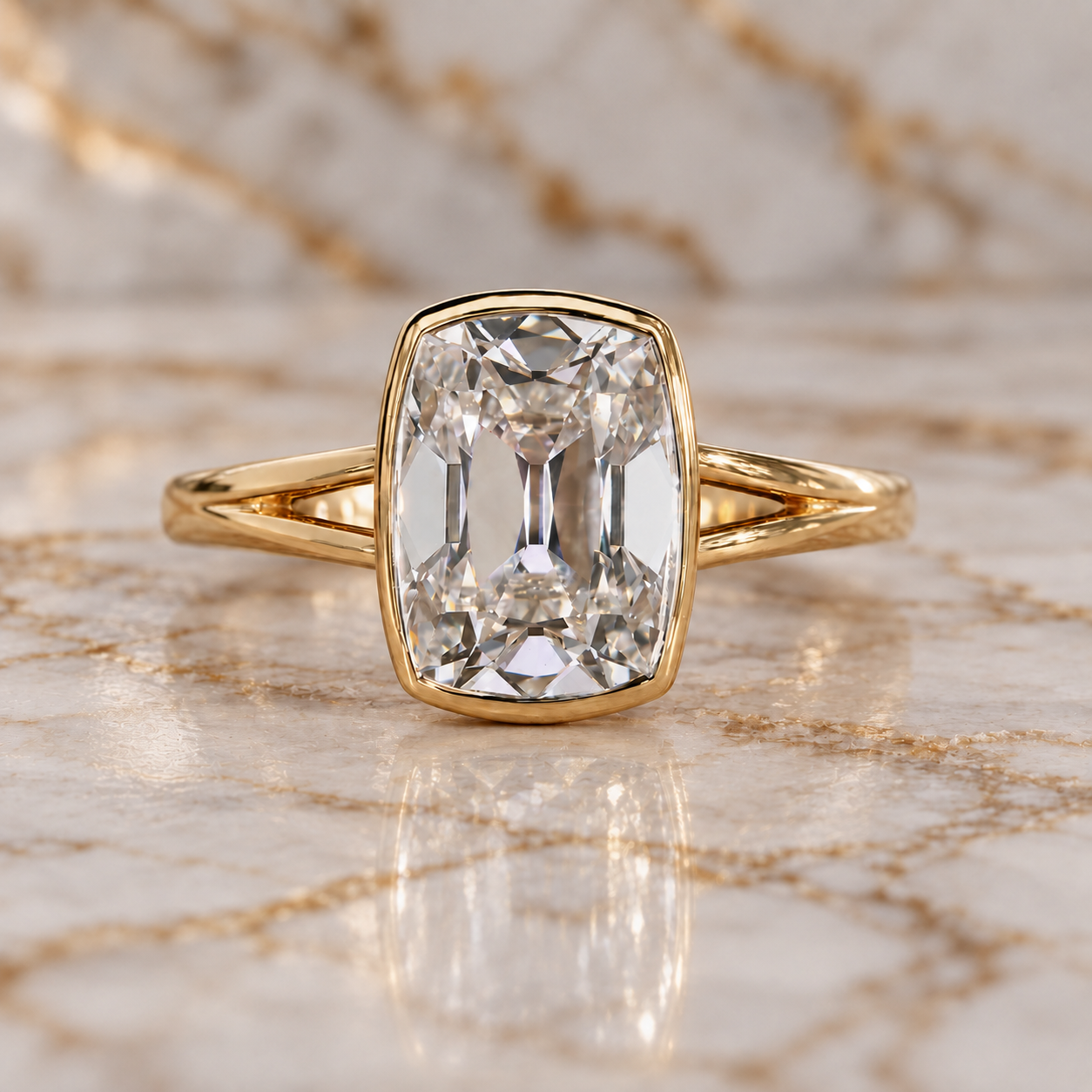 Cushion Old Mine Lab Grown Diamond Engagement Ring Bezel Split Shank 14K Gold IGI Certified E VVS2