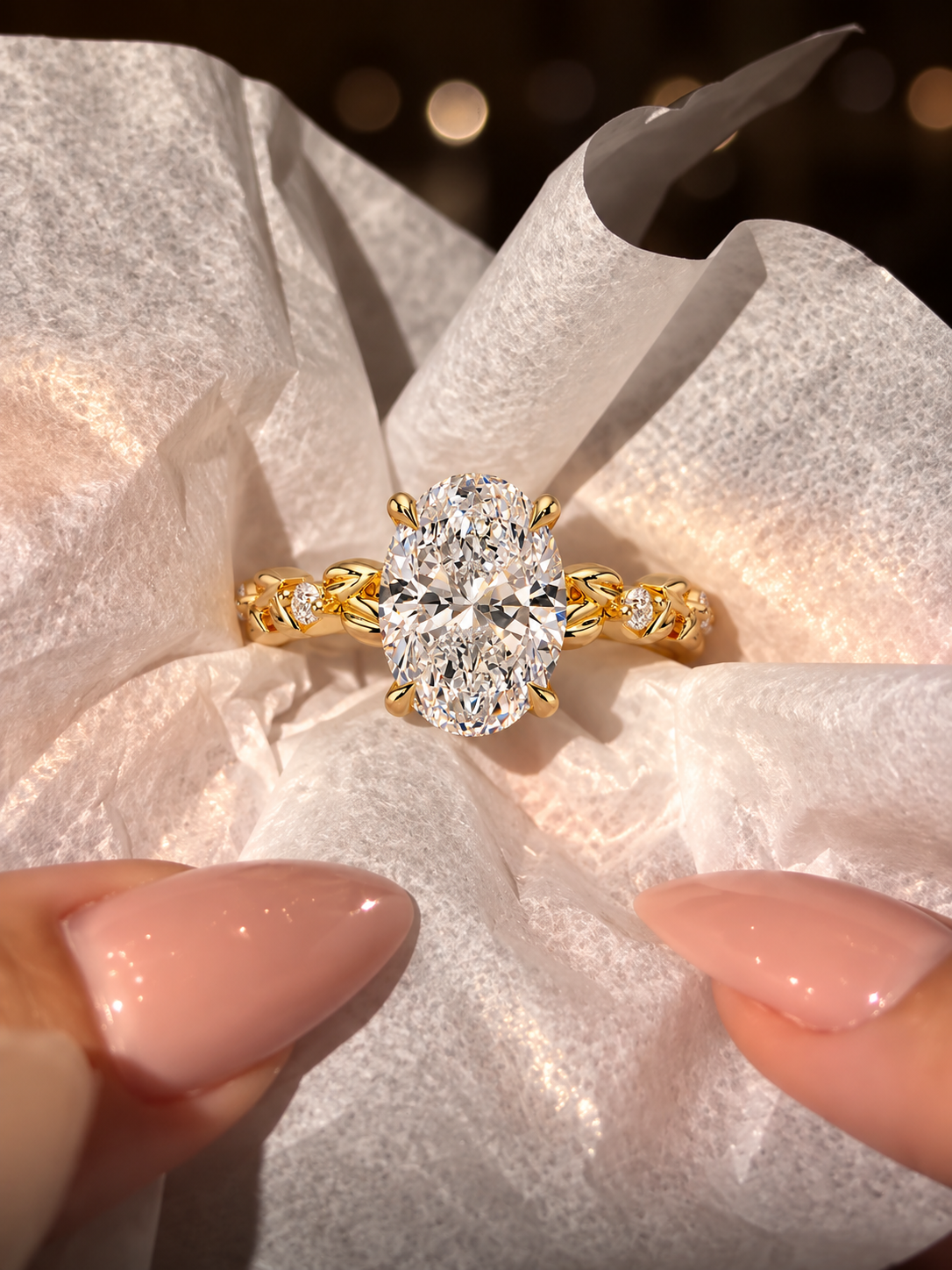 Oval Lab Grown Diamond Engagement Ring Nature Inspired 14K Yellow Gold Four Prong Accented Band