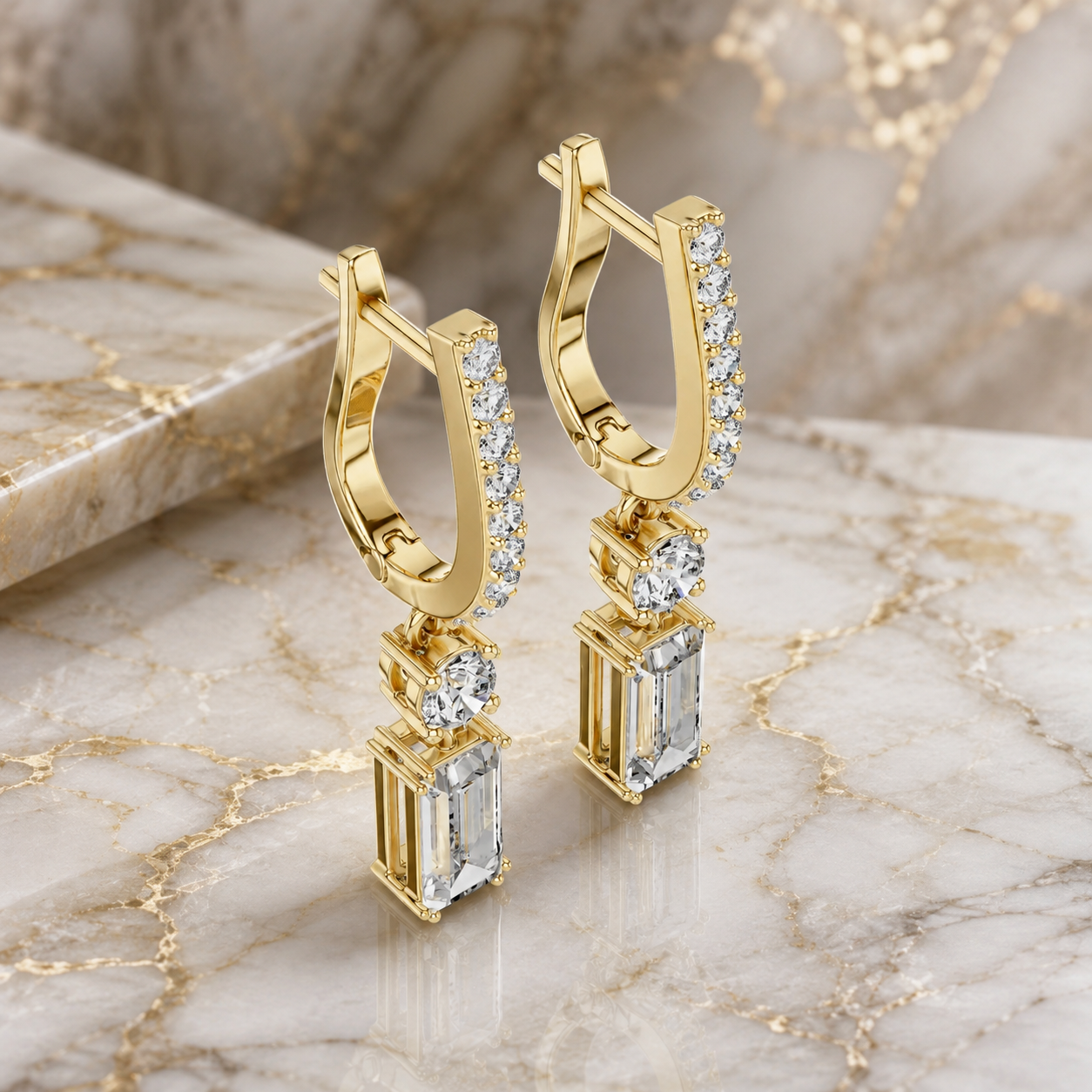 Emerald & Round Lab Grown Diamond Drop Earrings Pavé 18K Gold Dangle Design