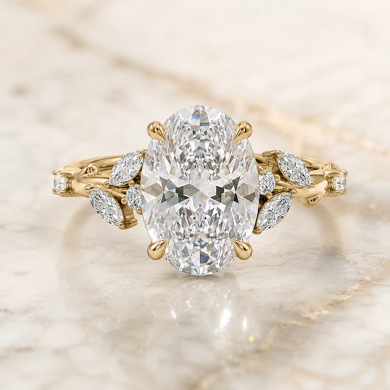 Lab-Grown Oval Diamond Engagement Ring, 14K Yellow Gold Leaf Vine Band
