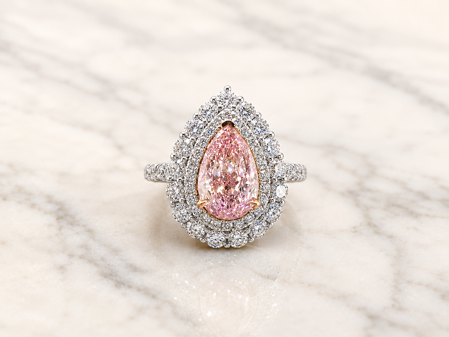 Pink Pear Lab Grown Diamond Engagement Ring Double Halo Two-Tone 14K Gold Rose Gold Prongs